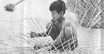 Vietnamese boy weaves basket